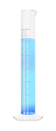 Vector illustration of chemical glass or plastic laboratory graduated cylinder or measuring cylinder filled with blue liquid or water isolated on white. Laboratory glassware used to measure volume.のイラスト素材