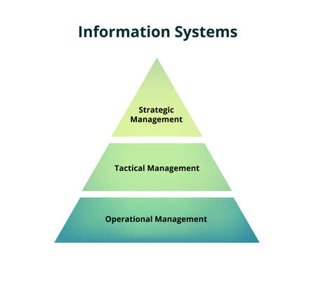 The information system pyramid, types of information systems, isolated vector. Strategic information system, managerial information system, operational information system. EIS, MIS, transaction system