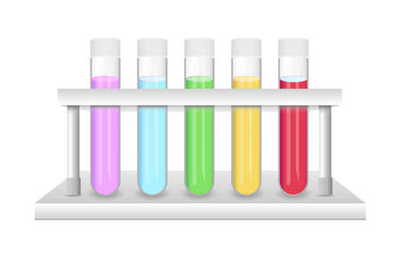 Vector realistic illustration of glass laboratory test tubes with color liquids. Test tube rack or test tube stand isolated on a white background. Laboratory glassware, laboratory equipment.のイラスト素材