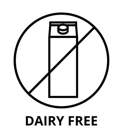 Vector black line or outline symbol or icon of dairy free label icon isolated on white. Healthy food, vegan concept. Food allergies and intolerances, allergen. Dietary concept, dairy-free product.のイラスト素材