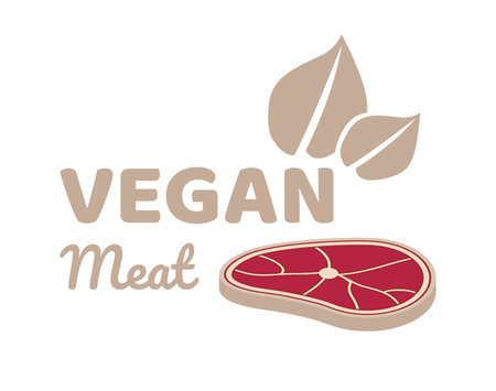 Vector icon or logo of vegan meat - plant-based or cultured lab-grown meat. Vegan steak flat icon and text vegan meat with leaf. Sustainable future meat substitute.のイラスト素材
