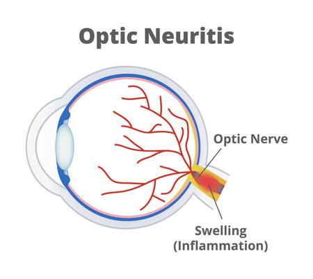 Vector medical illustration of optic neuritis. Nerve fibers are inflamed, and the optic nerve is swollen. Temporary vision loss and visual field loss. Eye inflammation.のイラスト素材