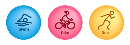 Vector hand-drawn icons symbolizing triathlon. Swim, bike, run. Symbols of triathletes in blue, red, yellow circles â stylized icons of people swimming, cycling, running.のイラスト素材