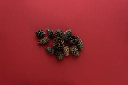 Christmas composition. Christmas decoration white tinsel on a red background. Flat lay, top view, space for textの写真素材