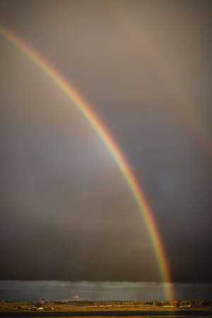 Rainbow in the field against the background of a storm cloudの写真素材