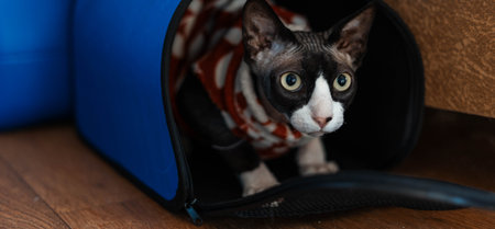 Sphinx cat sits in a carrier in a Christmas blouseの写真素材