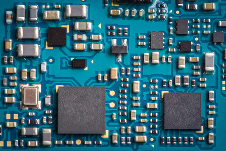 Close up zoom shot of mobile phone mother board with microchips and circuits.の写真素材