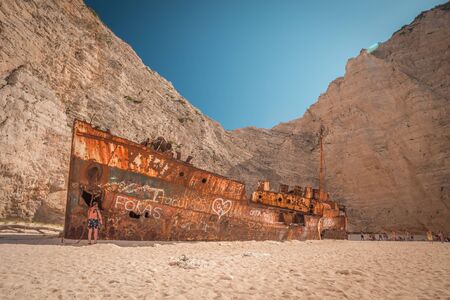 Close up of Ship Wreck beach at the Navagio beach. The most famous natural landmark of Zakynthos, Greek island in the Ionian Sea.の写真素材