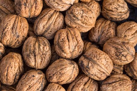 Walnuts. Whole walnuts background. Many walnuts close-up. Walnut texture.の写真素材