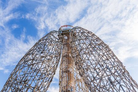 Prague, Czech Republic - October 2019: Doubravka lookout tower. Wooden structure made of locust...