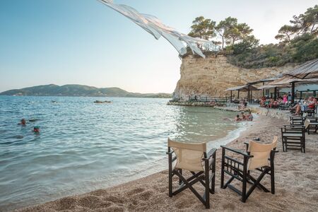 Cameo Island, Greece, August 2019, Cameo Island, private island off the shore of Laganas, Zakynthos with romantic, rope with white sheets. Famous tourist destination.のeditorial素材