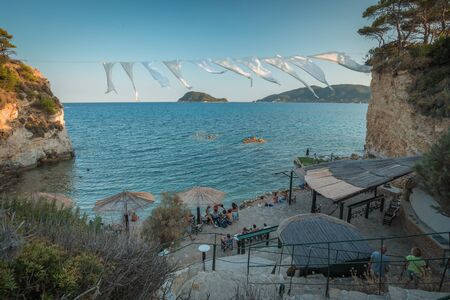 Cameo Island, Greece, August 2019, Cameo Island, private island off the shore of Laganas, Zakynthos with romantic, rope with white sheets. Famous tourist destination.のeditorial素材