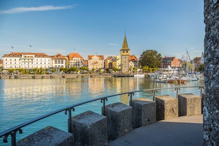 Lindau, Germany, July 2019 - View of marina and the Mangturm tower situated in the german port Lindau.のeditorial素材