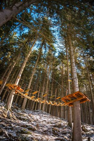 Rope Park in forest in Krkonose. Recreation, entertainment, adrenaline sport. Climbing rides,...