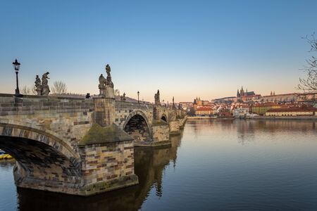 Charles bridge at sunrise, Old Town bridge tower, Prague  , Czech republic, Europe - Old townの写真素材