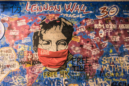 PRAGUE, CZECH REPUBLIC, APRIL 2020 - The John Lennon Wall. Famous place in Prague - Wall is filled with John Lennon inspired graffiti and lyrics from Beatles songsのeditorial素材