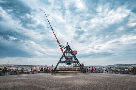 PRAGUE, CZECH REPUBLIC, APRIL 2020 - Prague giant metronome or pendulum installed on the site of the monument to the Soviet dictator Stalin The process of de-Stalinization. Famous skteboarding place.のeditorial素材