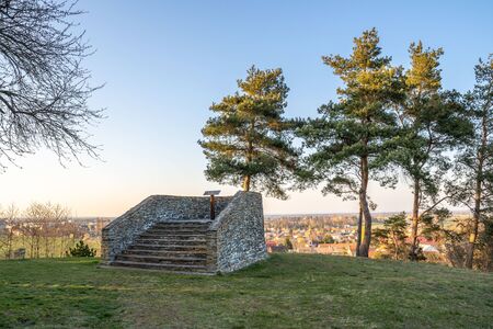 Pichora Marcomanni burial ground south of Dobrichov in the Kolin region Czech republic. Archaeological excavations With small lookout tower with wiew to small city Dobrichov. Educational trail.の写真素材