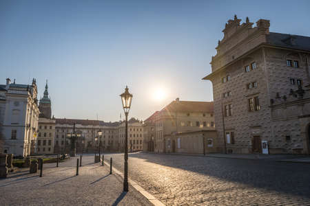 PRAGUE, CZECH REPUBLIC - APRIL, 2020: Hradcanske Square, the Archbishop Palace and Prague Castle. No pleope, nobodyのeditorial素材