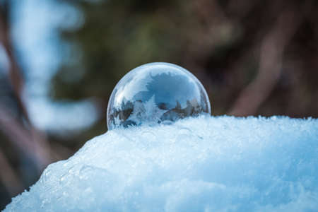 Frozen soap bubble with a beautiful pattern on the snow close up on a blurry backgroundの写真素材