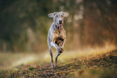 Weimaraner dog running fast in forest path during golden hour with motion and shallow depth of fieldの写真素材