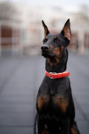 Young Doberman with collar on streetの写真素材