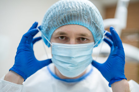 Dentist in full medical uniform in clinic