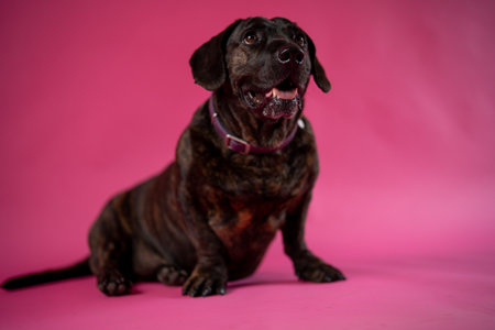 Attentive brown dachshund dog sitting in pink studioの写真素材