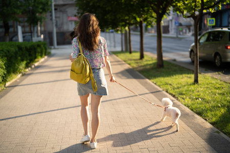 Young unrecognizable brunette walking with cute dog in cityの写真素材