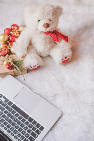 Christmas online shopping top view. Winter holidays salesの写真素材