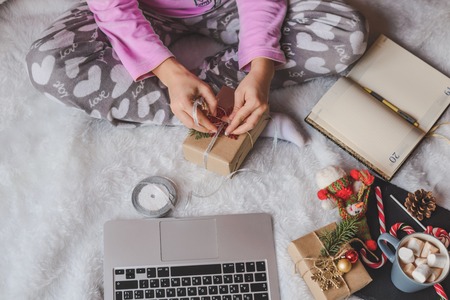 Christmas online shopping top view. Winter holidays salesの写真素材