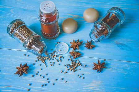 Glass shakers with seasoningの写真素材