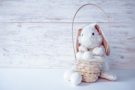 bunny with basket and eggsの写真素材