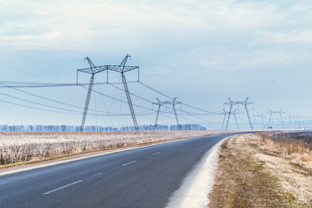 High voltage pole and roadの写真素材