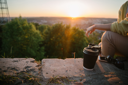 coffee cup on groundの写真素材