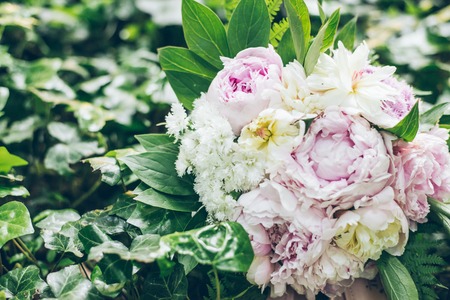 Wedding bouquet on green grassの写真素材