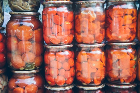Jars with pickled vegetables. Preserved foodの写真素材