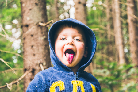 Little kid eat blueberry in the forestの写真素材