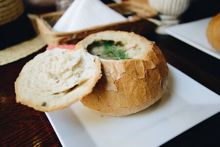Soups Served in Hollowed Out Bread Bowlsの写真素材