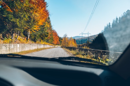 woman driving car in carpathian mountainsの写真素材