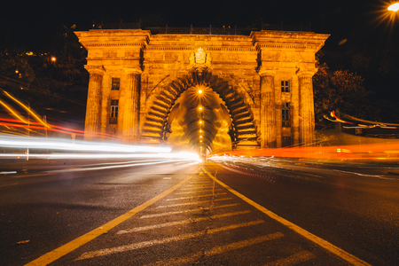 The Chain Bridge in Budapest, Hungary at nightの写真素材