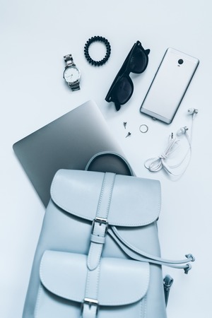 flat lay with woman staff in gray colorsの写真素材