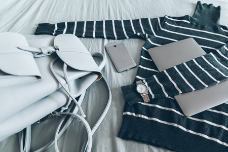 flat lay with women stuff in gray colorsの写真素材