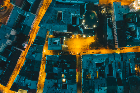 overhead view of old european city. twilight timeの写真素材