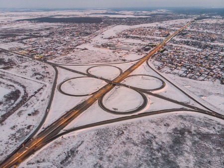 highway aerial view in evening. car travel conceptの写真素材