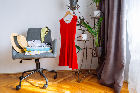 prepared packed clothes. ready for trip concept.の写真素材