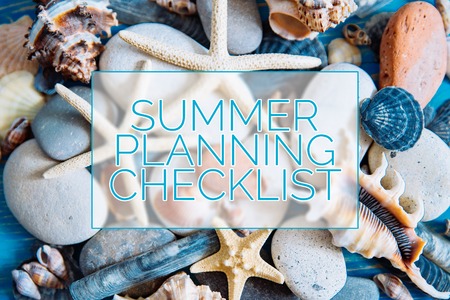 summer planning checklist title. travel concept. shells textureの写真素材