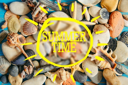 summer planning checklist title. travel concept. shells texture