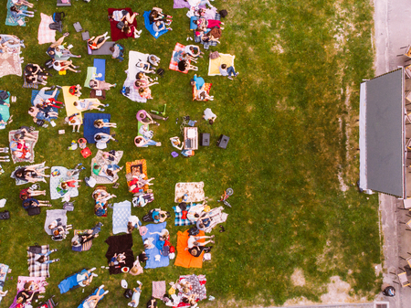aerial view of people that watching cinema in open air cinemaの写真素材