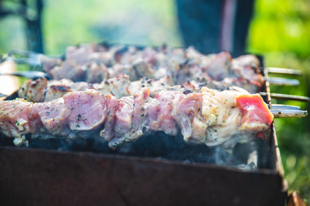 meat on fire. b-b-q close up. soft focusの写真素材